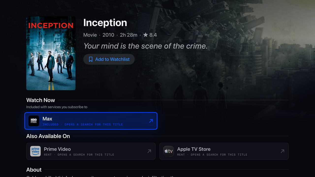 JumpIn on Apple TV showing Inception, with Max under Watch Now and Prime Video and Apple TV Store listed below