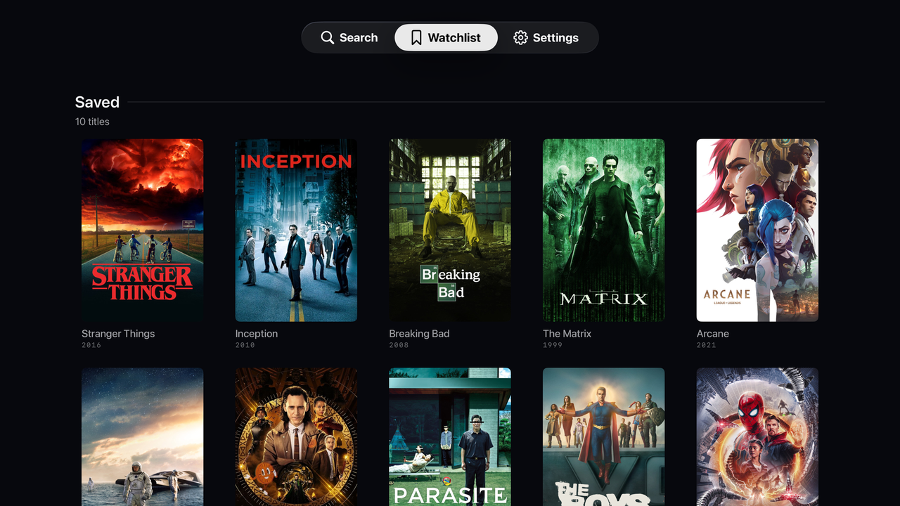 Watchlist grid of saved titles