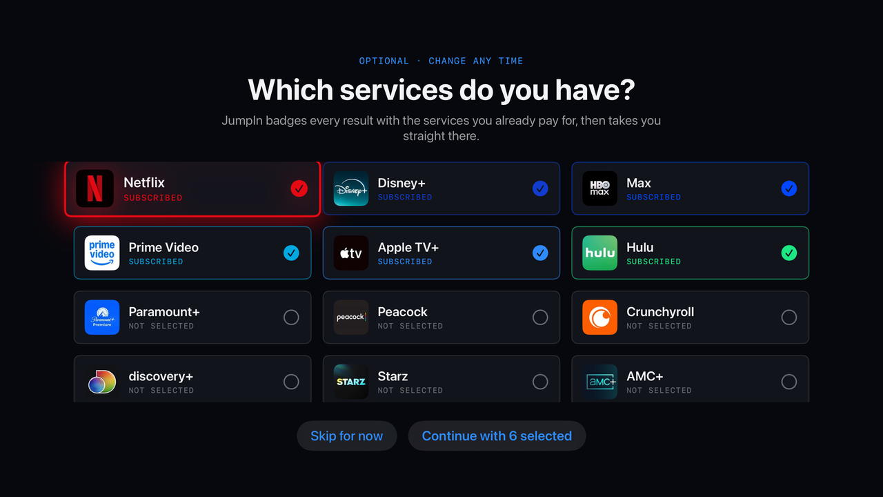 Service picker showing real streaming service logos